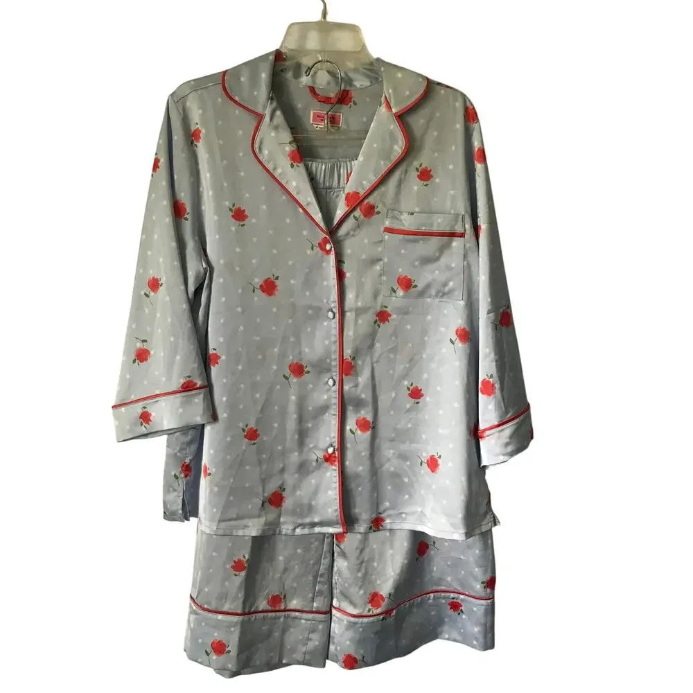 Kate Spade Pajama Set Extra Large Womens Floral Satin Long Sleeve Blue Coral XL